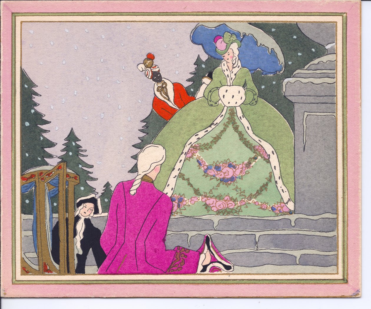 Een handgekleurde Franse Pochoir Kerstkaart van een gepoederde man die uit een draagstoel stapt en wordt begroet door een dame in een met hermelijnbont gevoerde jas met haar zwarte dienaar, circa 1920 door English School