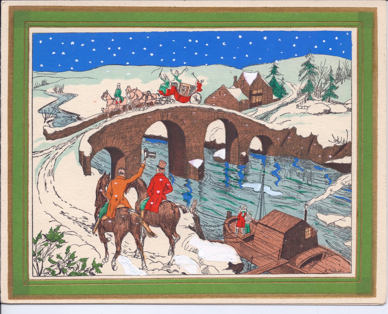 Een met de hand gekleurde Franse Pochoir kerstkaart van een koets getrokken door paarden die een brug oversteekt en een ruiter die zijn hoed opheft ter begroeting, circa 1920 door English School