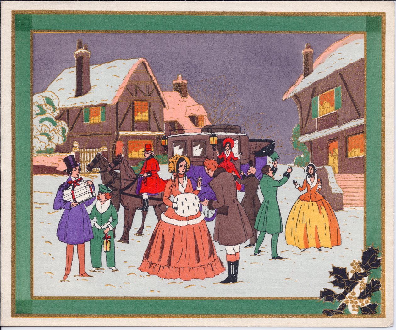Een met de hand gekleurde Franse Pochoir kerstkaart van een dorpsscène met een koets en paarden, circa 1920 door English School