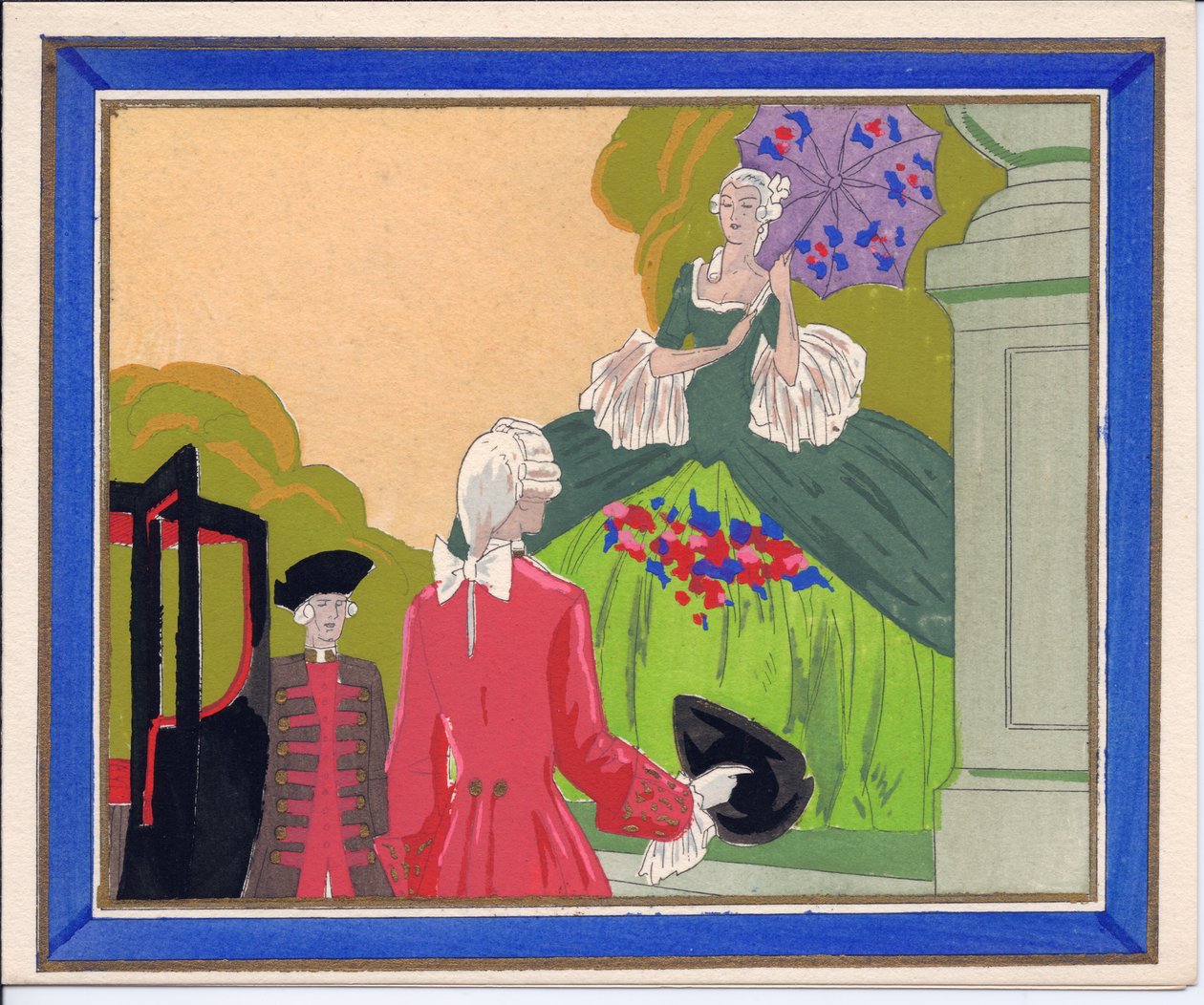 Een handgekleurde Franse Pochoir wenskaart van een behaarde man en knecht die wachten tot een grande dame haar koets instapt, circa 1920 (sjabloon) door English School