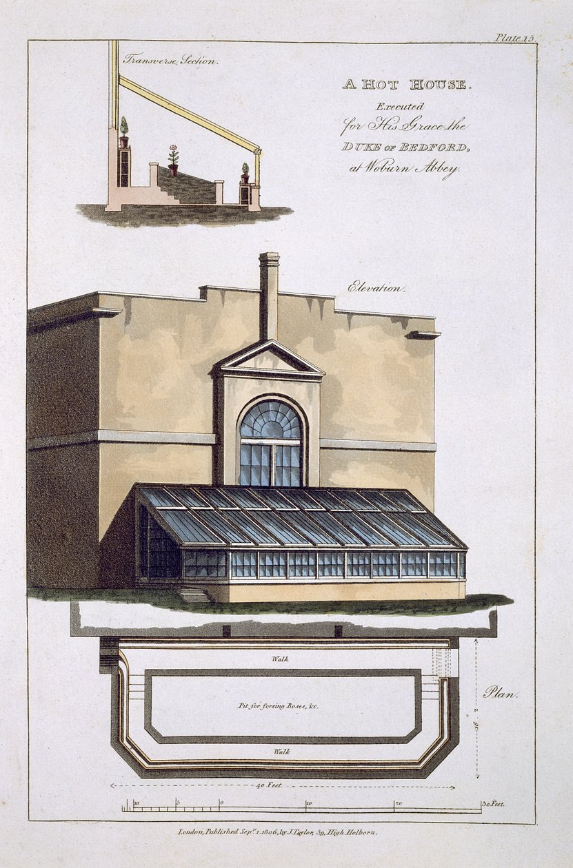 Een broeikas uitgevoerd voor Zijne Genade de Hertog van Bedford in Woburn Abbey, 1806 door English School