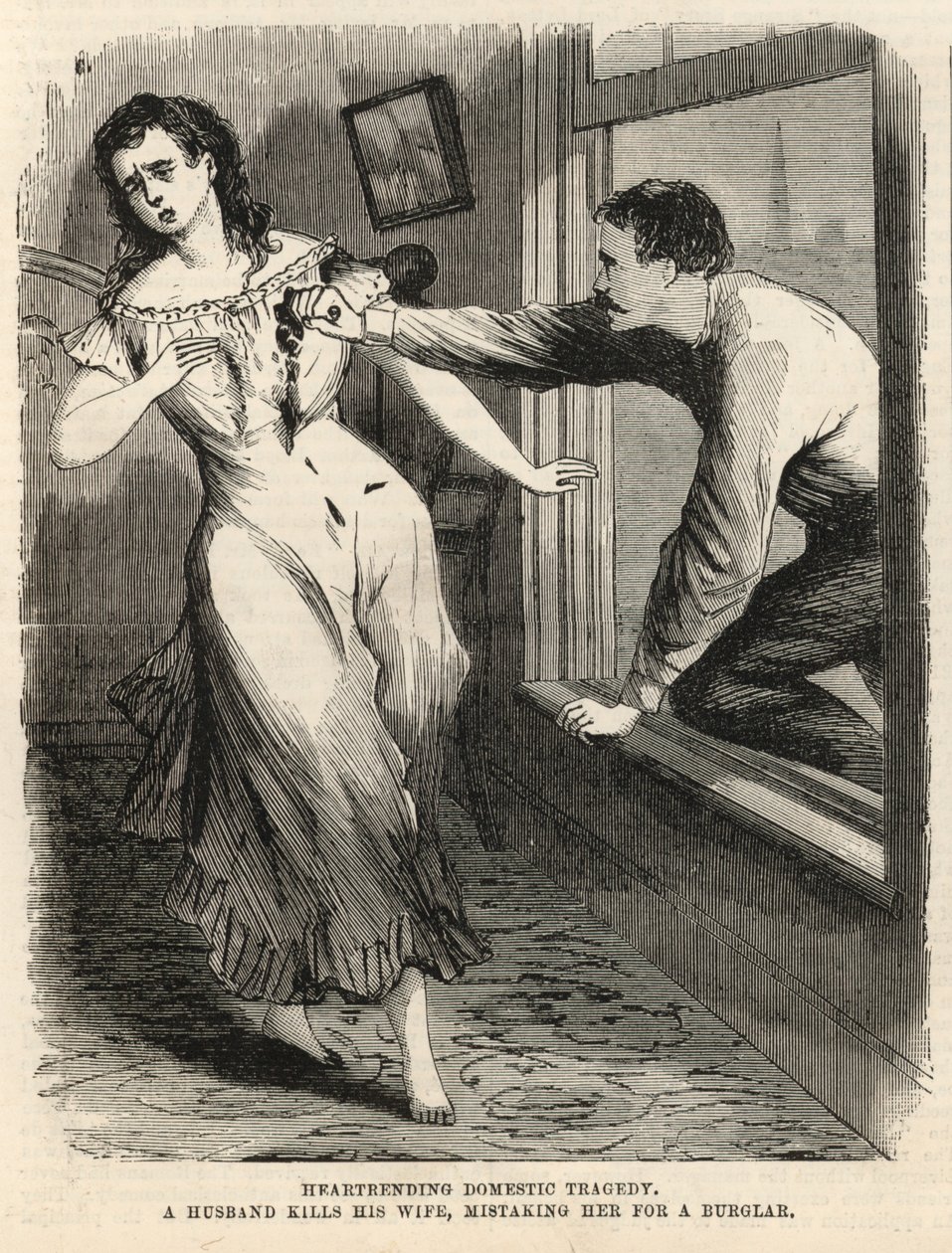 Een man doodt zijn vrouw omdat hij haar voor een inbreker aanziet (gravure) door English School