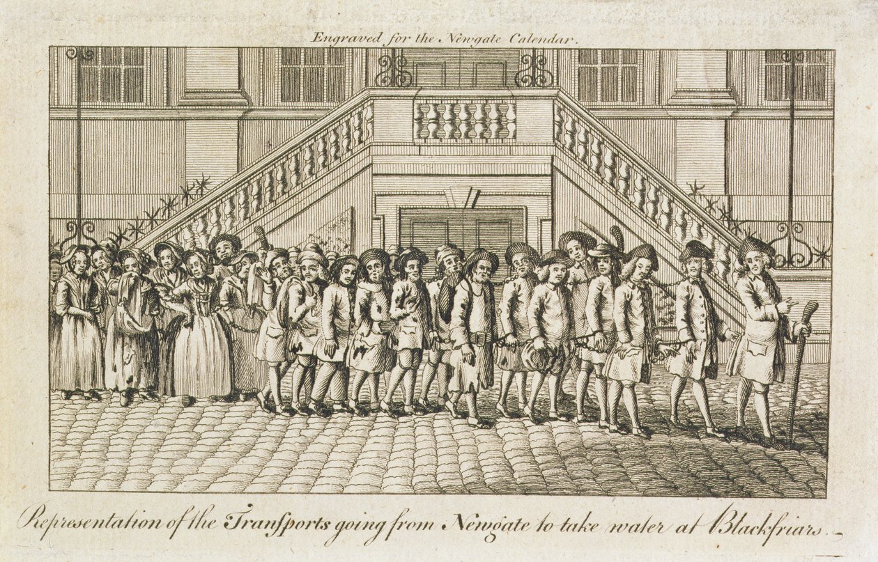 Een rij geketende veroordeelden uit Newgate Prison, Old Bailey, die naar Blackfriars worden gebracht voor transport, c.1760 door English School