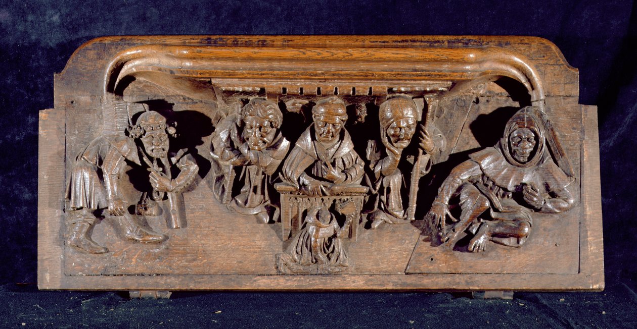 Een misericord die een academicus toont, zittend aan een paneelbureau, die een vermaning geeft aan een knielende boeteling, New College Chapel, Oxford, laat 14e eeuw (hout) door English School