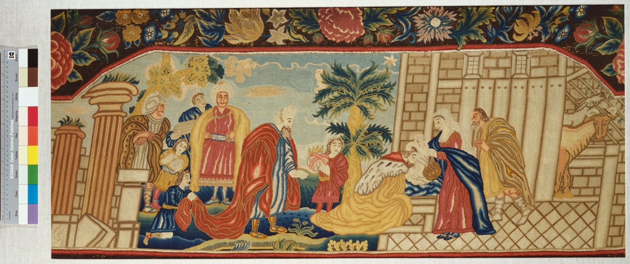 Een naaldwerk bankstel fijn bewerkt in een tentsteek die de Aanbidding der Wijzen uitbeeldt, ca. 1730 door English School