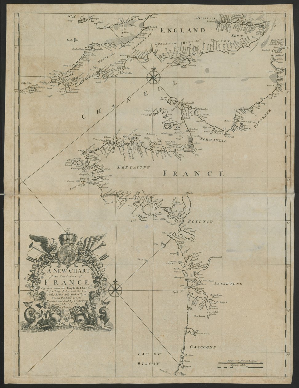Een nieuwe kaart van de zeekusten van Frankrijk, samen met het Engelse Kanaal, c.1730 door English School