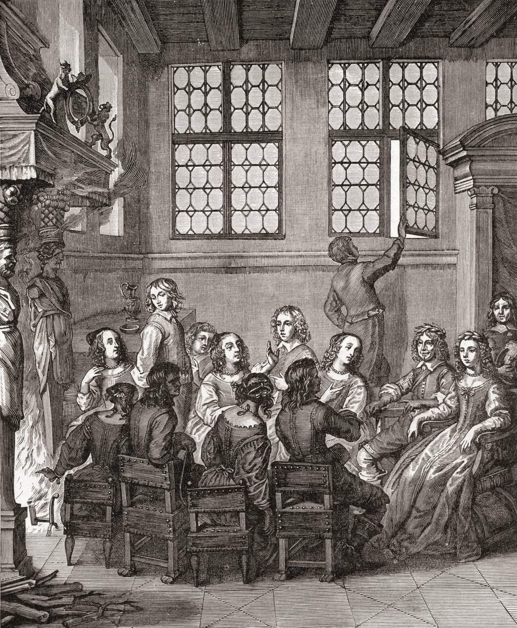 Een feest bij het huis van de hertog van Newcastle, frontispice voor Natures Pictures door Margaret, hertogin van Newcastle, 1656, uit A Short History of the English People door J. R. Green, gepubliceerd 1893 door English School