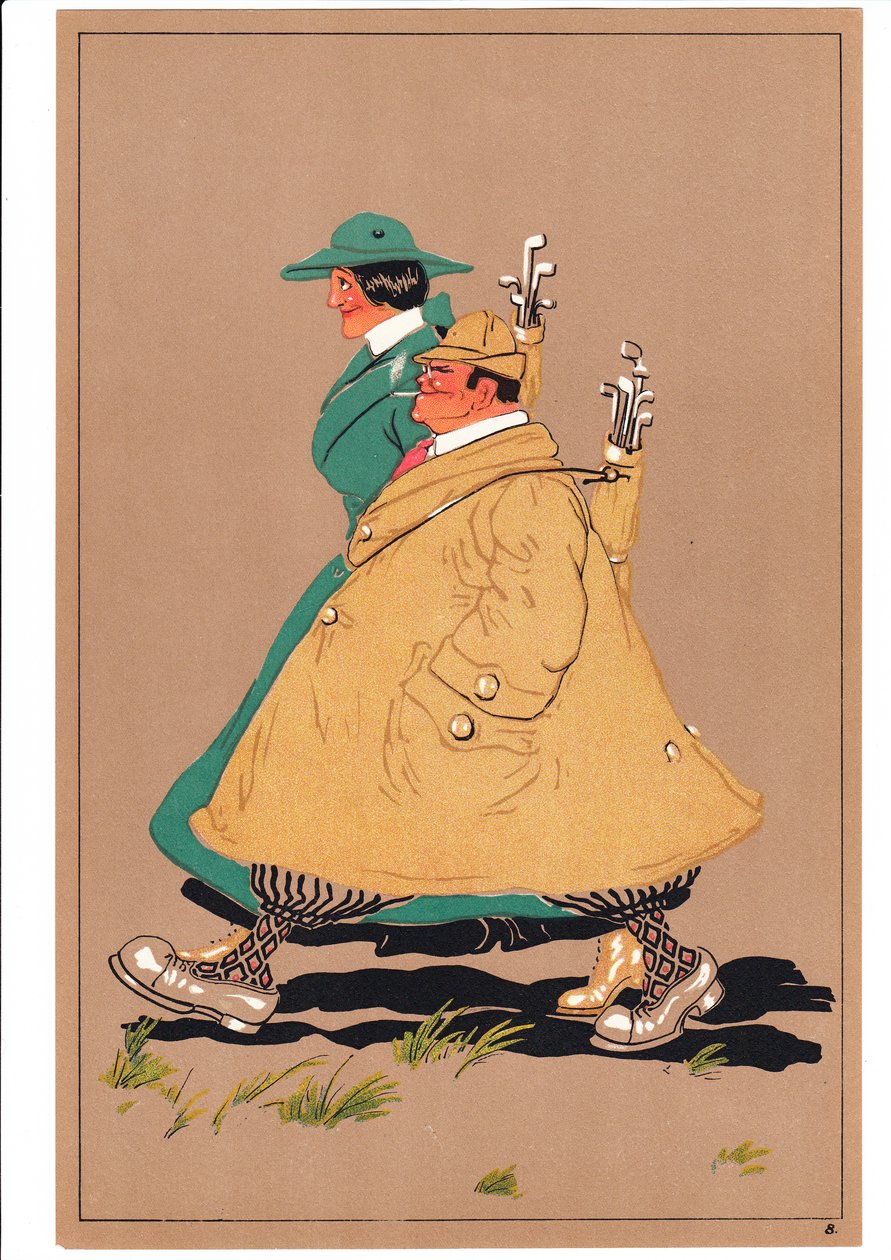 Een prent van twee golfers in komische en humoristische houdingen, ca. 1920 door English School