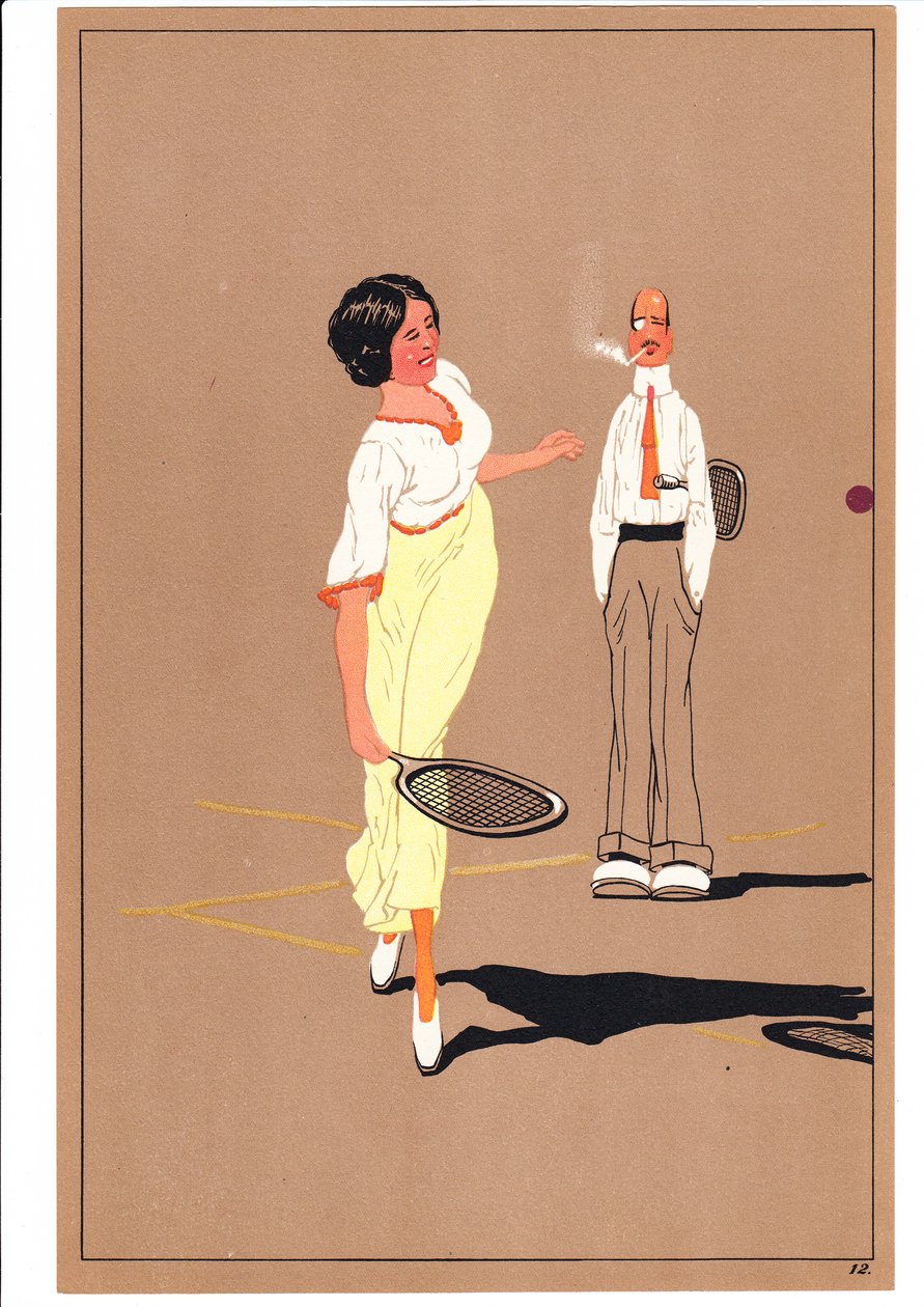 Een prent van twee tennisspelers in komische en humoristische houdingen, ca. 1920 door English School