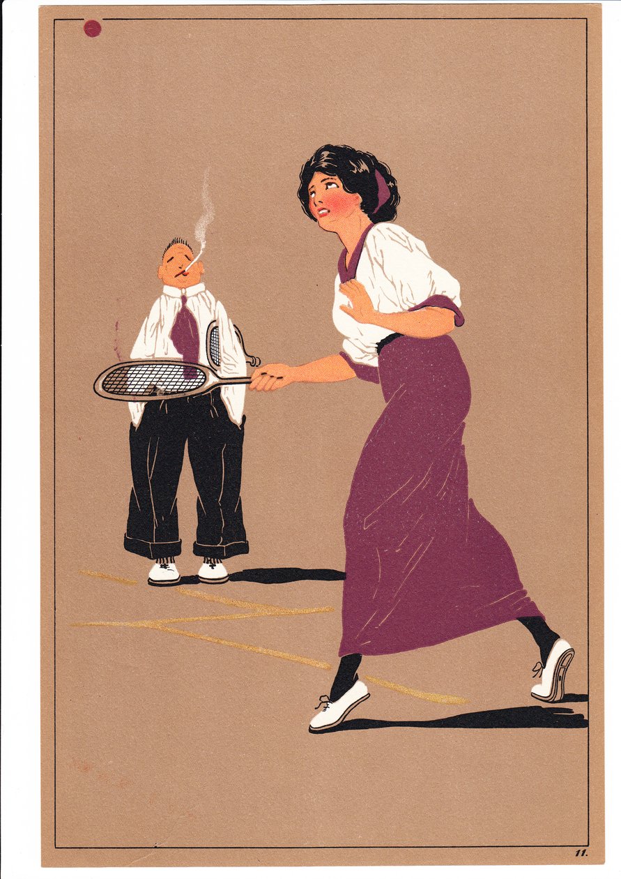 Een Prent van Twee Tennisspelers in Komische en Humoristische Houdingen, ca. 1920 door English School