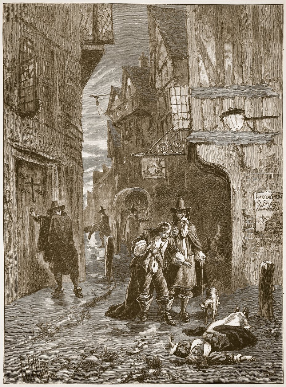 Een straat in Londen tijdens de Grote Plaag, illustratie uit Cassells Illustrated History of England door English School