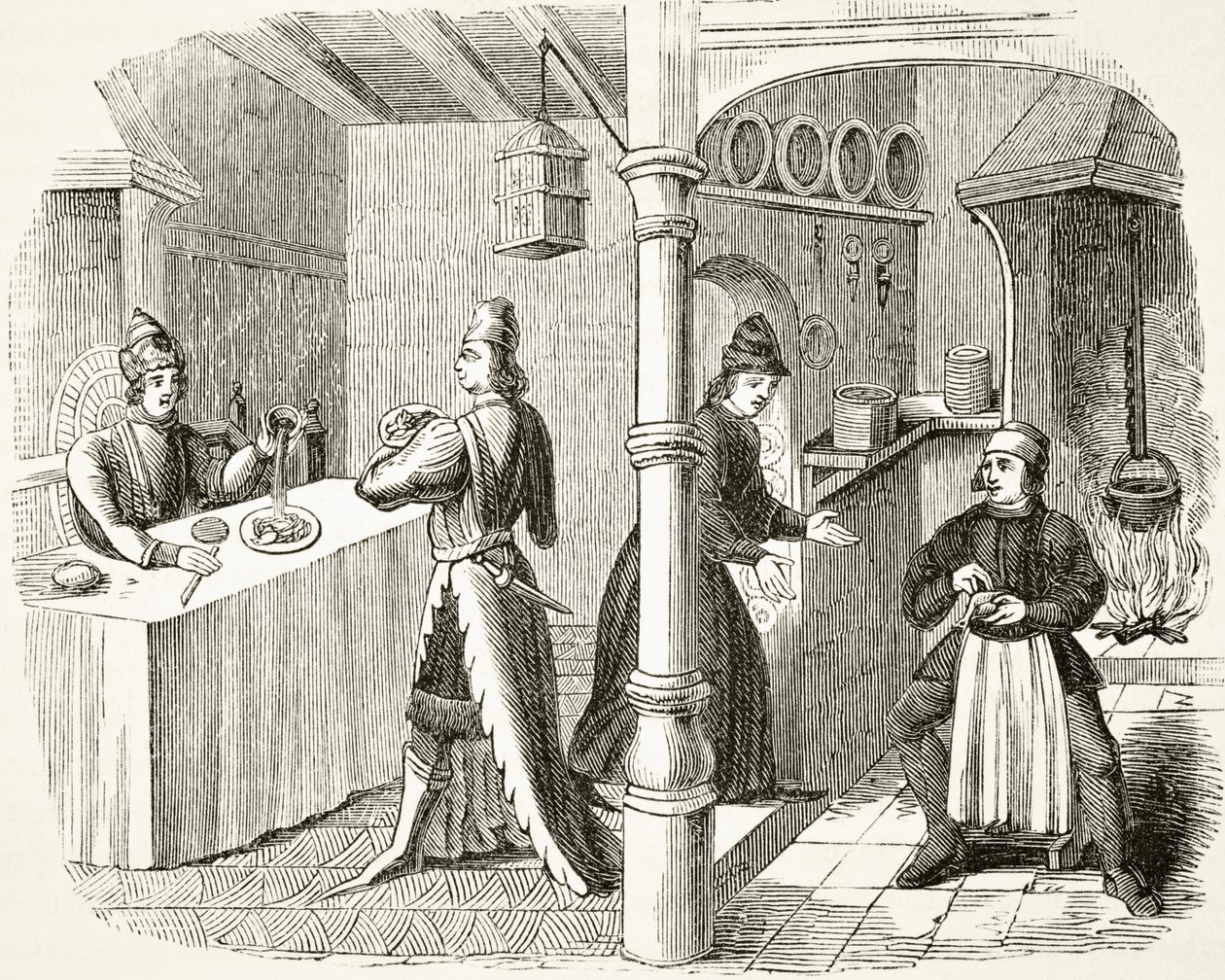 Een typische 15e-eeuwse eetkamer en keuken, uit 