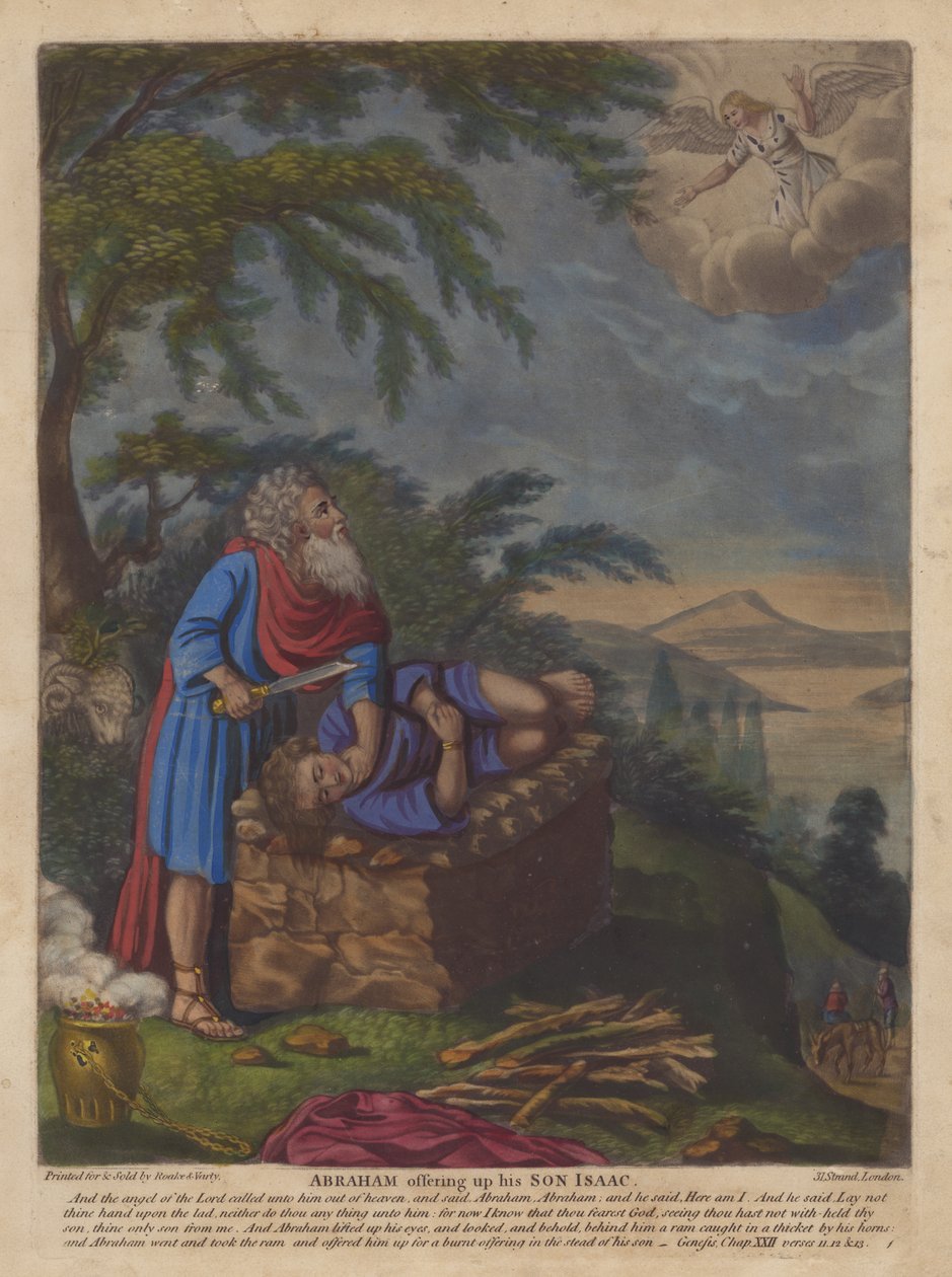 Abraham offert zijn zoon Isaak (kleurenlitho) door English School