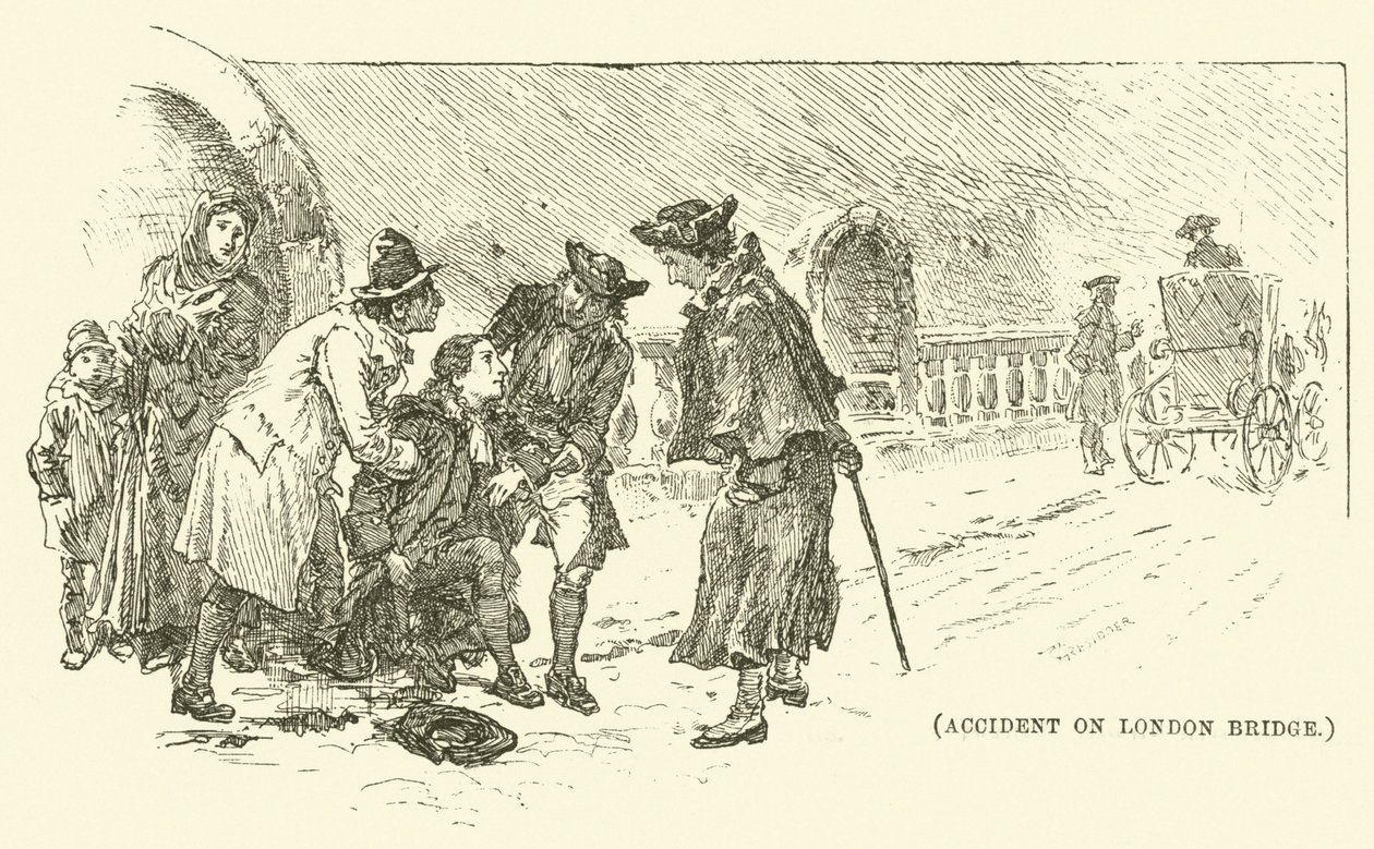 Ongeluk op London Bridge (gravure) door English School
