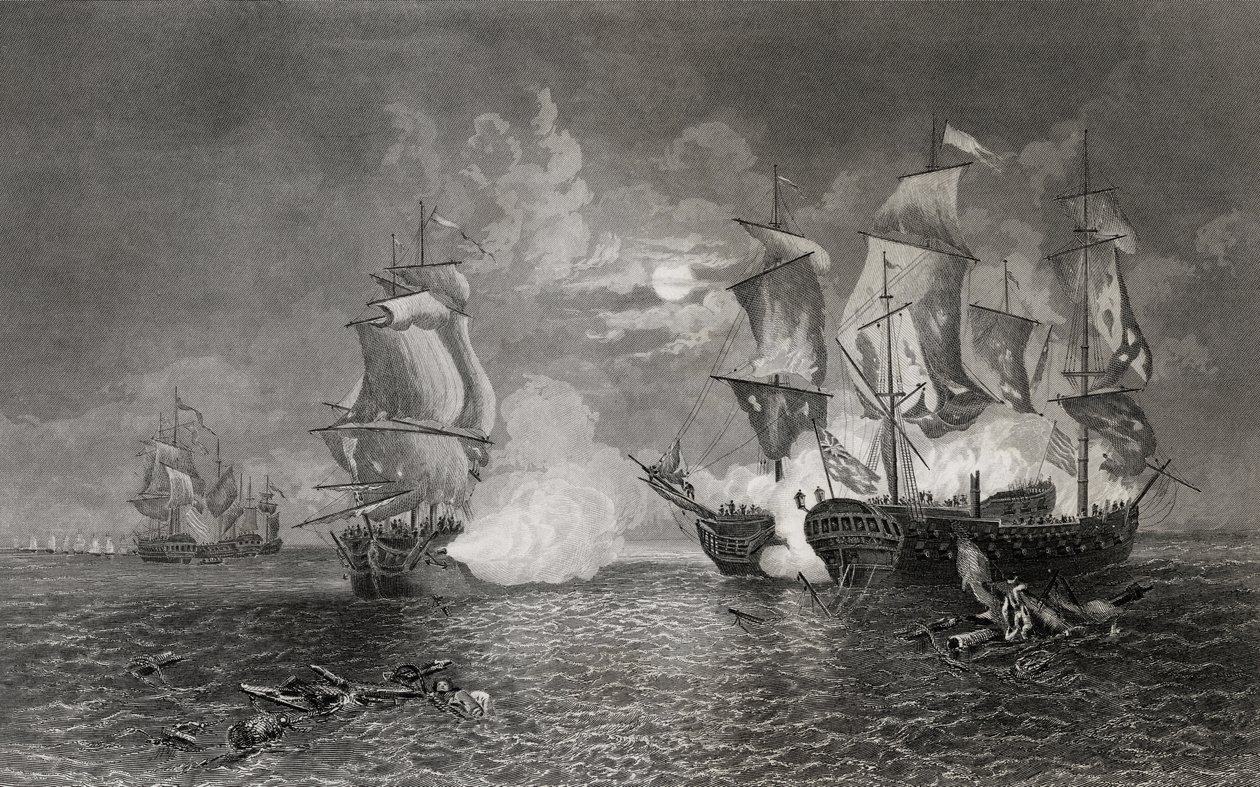 Actie tussen Bonhomme Richard en de Serapis, 23 september 1779 (gravure) door English School