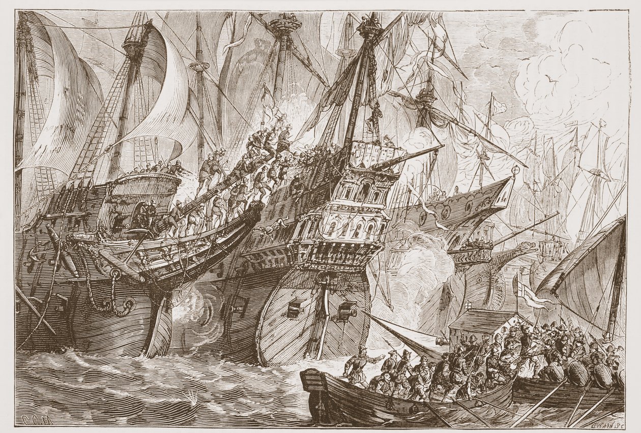 Gevecht tussen de Spaanse vloot en de schepen van de Watergeuzen, illustratie uit De Geschiedenis van het Protestantisme door James Aitken Wylie, 1878 door English School