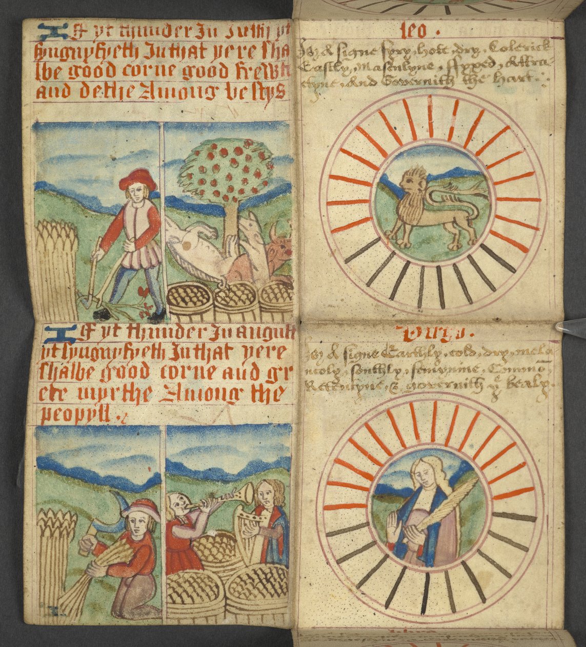 Add. 17367, f.6r Leo & Virgo, uit Almanak, met tabel van dominicale letters en gouden getallen; aanwijzingen om de beweegbare feesten te vinden; kalender van Heiligen, tijdperken, lijst van Engelse Soevereinen, weersvoorspellingen, invloed van de tekens va door English School