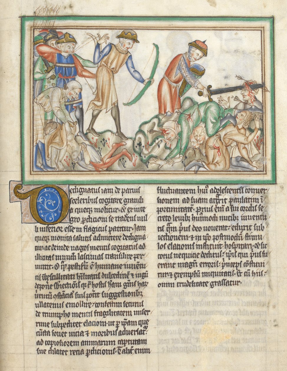 Add 35166 f.35 Mensen worden gedood, Bijbelse scènes uit de Apocalyps van St. Johannes, Apocalyps in het Latijn met commentaar door English School