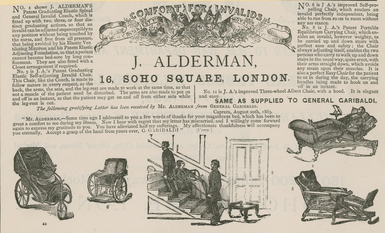 Advertentie voor J Alderman, fabrikant van invalidenwagens (gravure) door English School