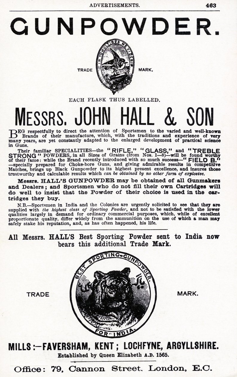 Advertentie voor buskruit door Messrs. John Hall & Son door English School