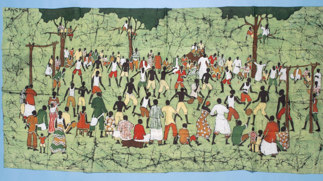 Afrikaanse batik, die een voetbalwedstrijd illustreert met toeschouwers die kijken door English School