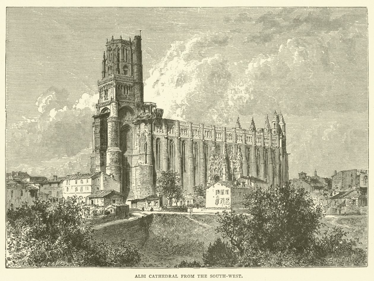 De kathedraal van Albi vanuit het zuidwesten (gravure) door English School