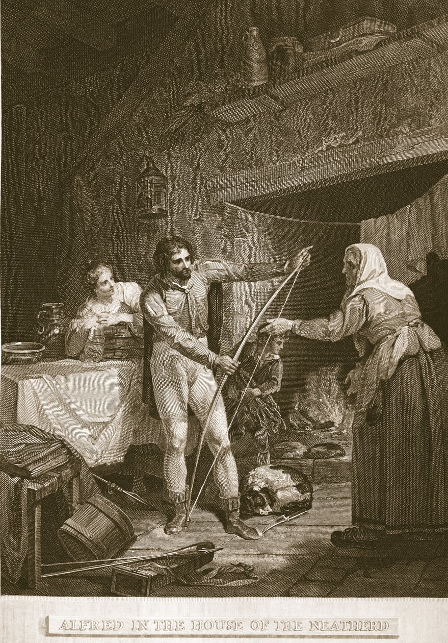 Alfred in het huis van de veehouder, illustratie uit David Humes The History of England, uitgegeven door R. Bowyer, Londen, 1812 door English School