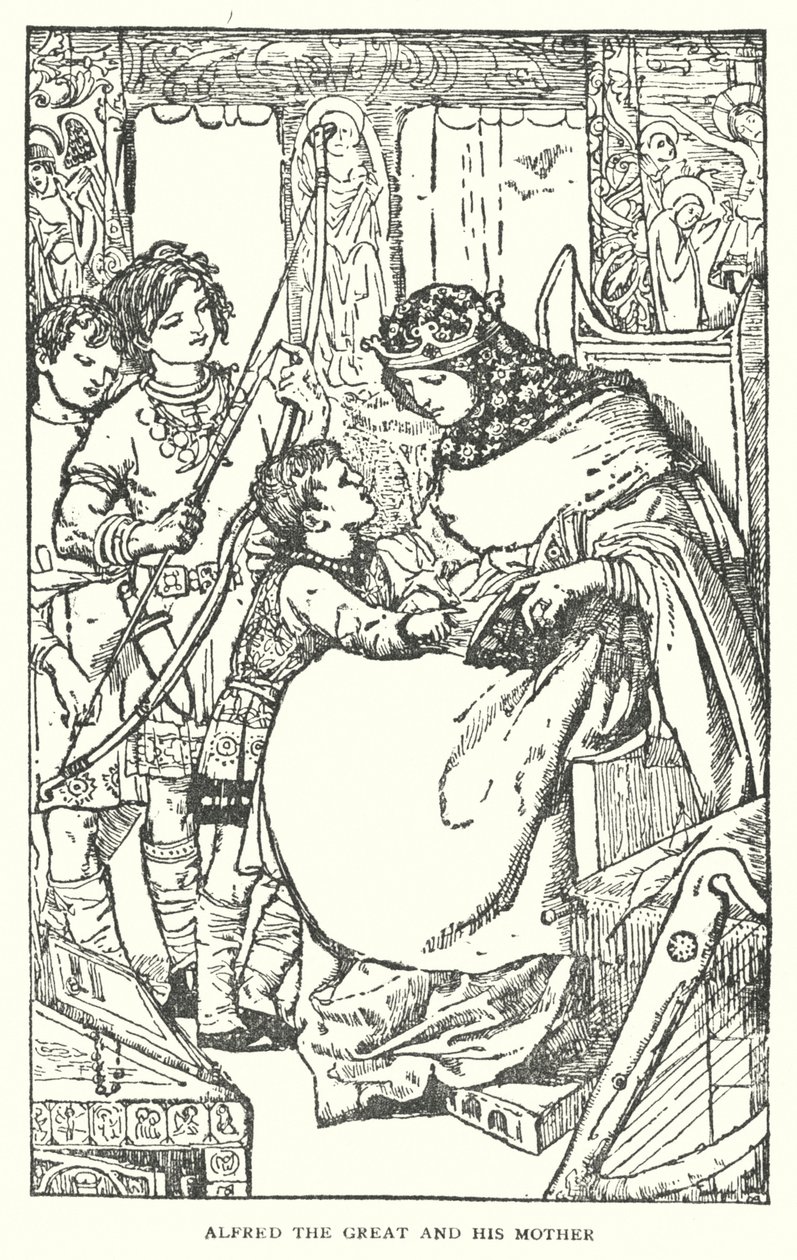 Alfred de Grote en zijn Moeder (litho) door English School