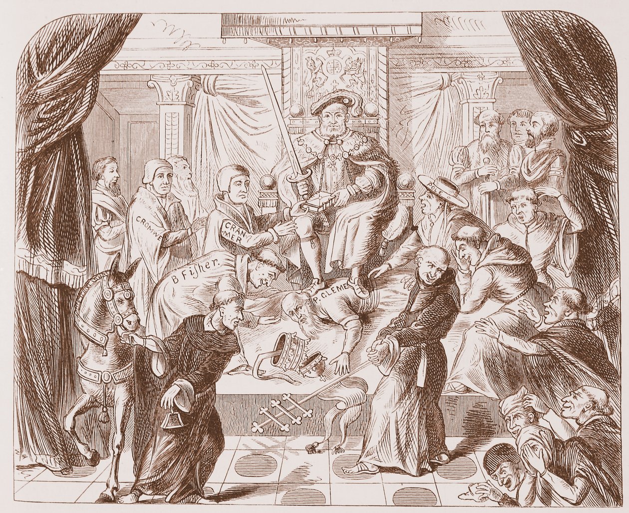 Allegorisch schilderij van Hendrik VIII die op paus Clemens trapt, van een oude prent in het British Museum door English School