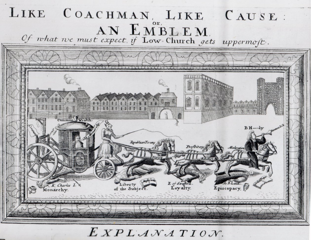 Allegorie van de Gevaren van Laagkerkelijk Puritanisme voor de Monarchie, de Vrijheid van het Onderwerp, Loyaliteit en Episcopaat, c.1640-45 door English School