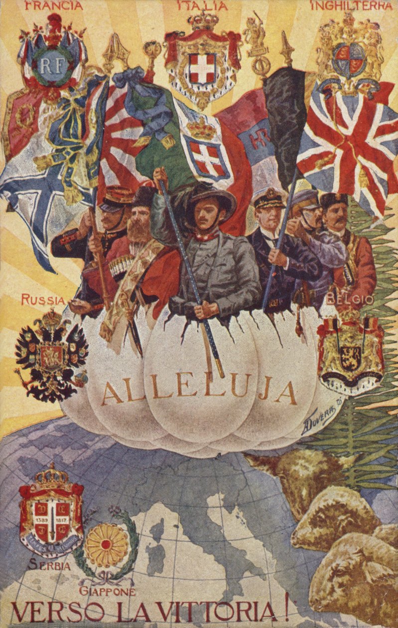 Geallieerde soldaten hijsen vlaggen (kleurenlitho) door English School