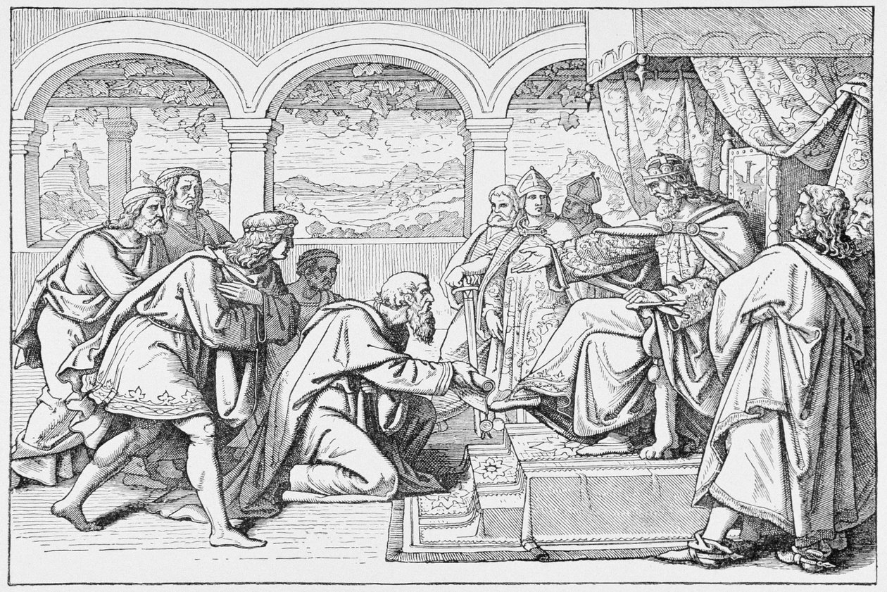 Ambassadeurs van Haroun al Raschid (c.766-809) voor Karel de Grote (768-814), uit De Geschiedenis van Frankrijk, door Emile de Bonnechose, uitgegeven door Ward, Lock en Co, Londen door English School