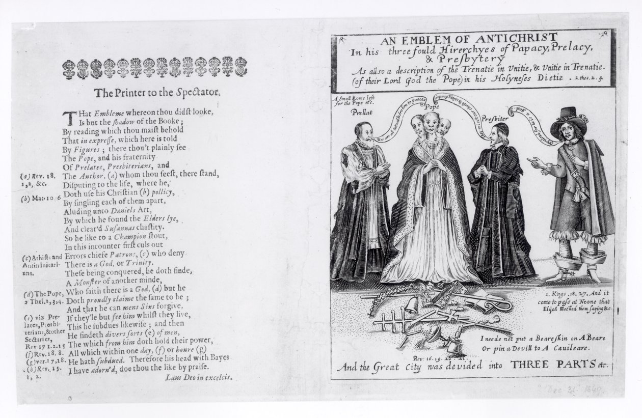 Een embleem van de Antichrist in zijn drievoudige hiërarchieën van het pausdom, prelatuur en presbyteriaat, 1649 door English School