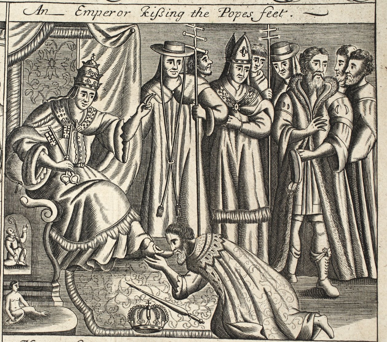 Een keizer die de voeten van de paus kust, illustratie uit Handelingen en Monumenten van John Foxe, negende editie, uitgegeven 1684 door English School