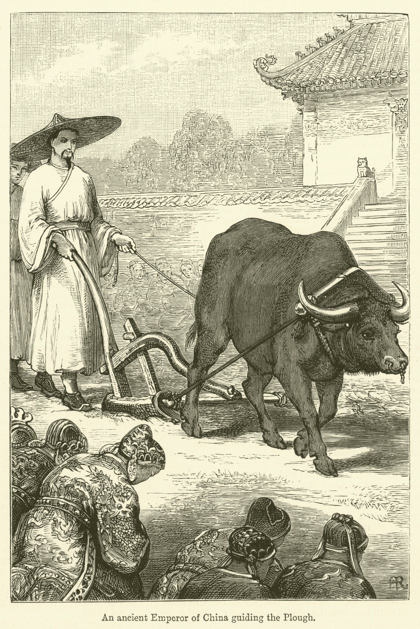 Een oude keizer van China die de ploeg leidt (gravure) door English School