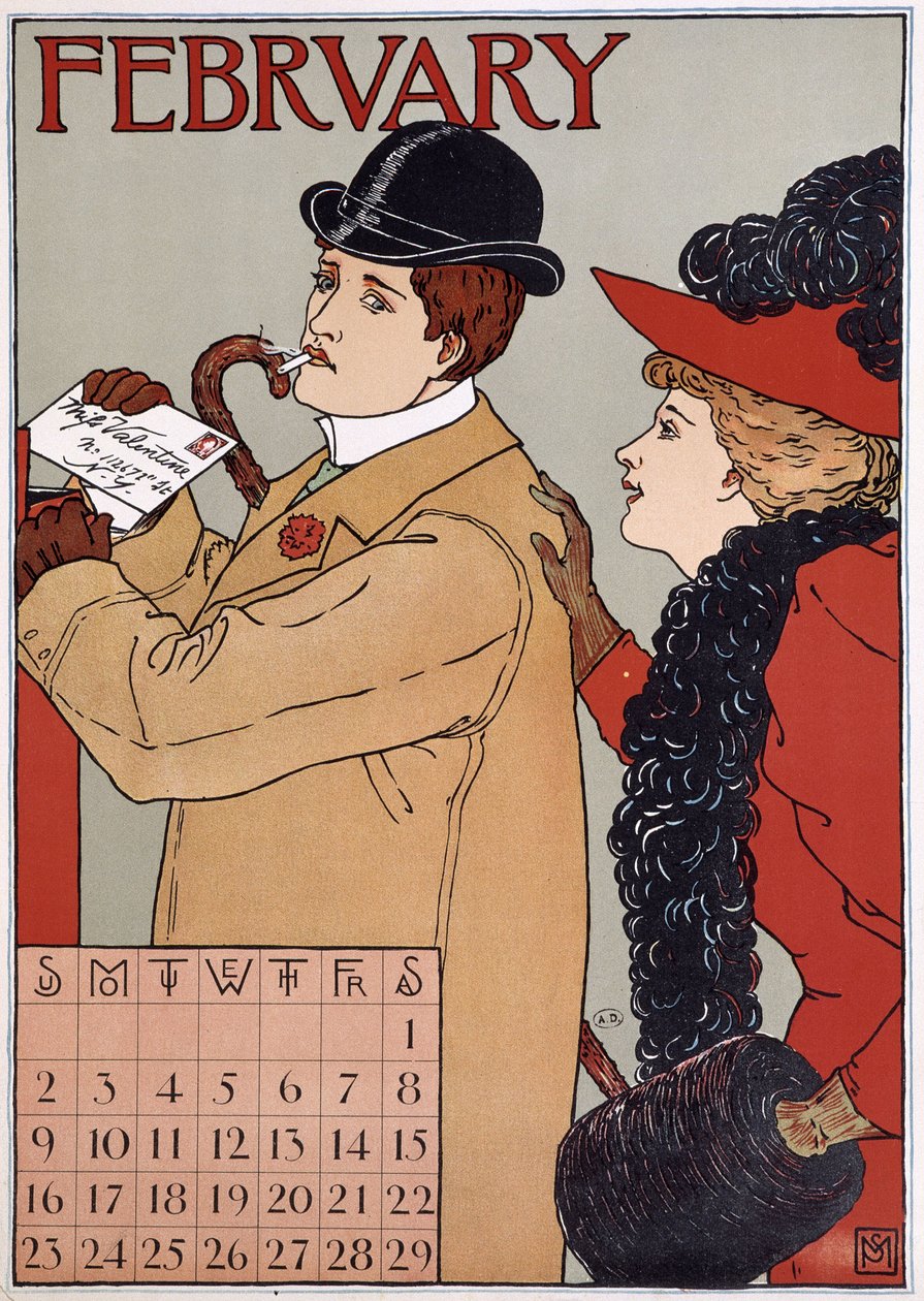 Een elegant paar (man post een brief), Engelse kalenderafbeelding, maand februari, n.d. eind 19e eeuw. door English School