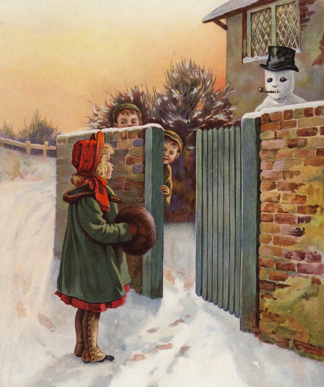 Een intimiderende sneeuwman (kleurenlitho) door English School