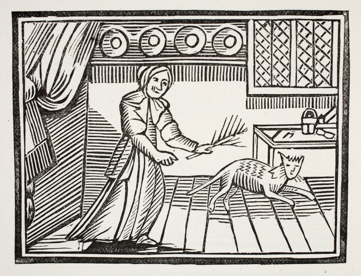 Een oude vrouw die haar kat slaat omdat hij op zondag muizen vangt, illustratie uit Chap-books of the Eighteenth Century door John Ashton, uitgegeven 1882 door English School