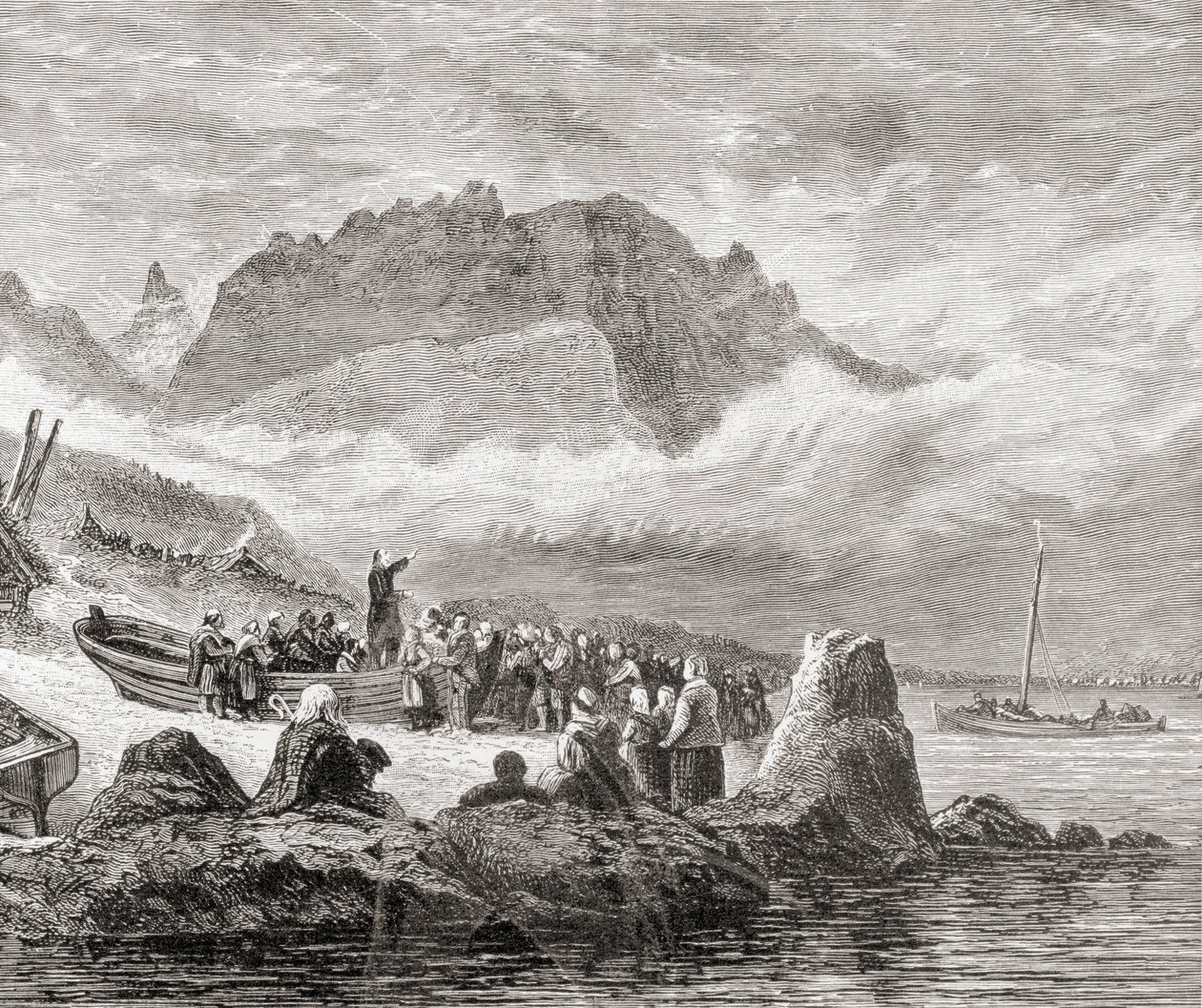Een openluchtdienst op het eiland Skye, Binnen-Hebriden, uit 