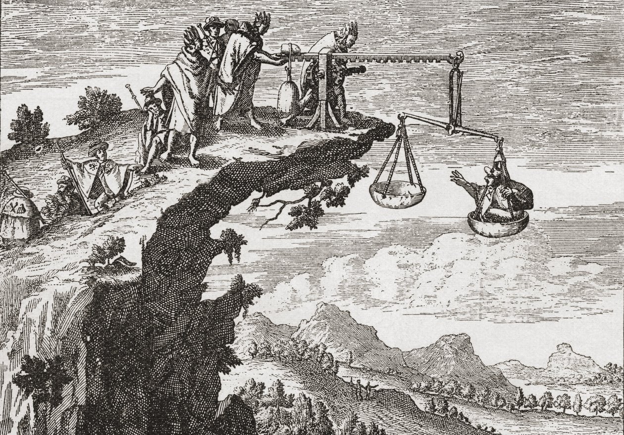 Een ongebruikelijke methode om bekentenissen af te dwingen van criminelen, naar een 16e-eeuwse tekening van Theodorus de Bry. De scène toont de crimineel zittend in de weegschaal van onrechtvaardigheid terwijl een priester over de afgrond leunt klaar om zi door English School
