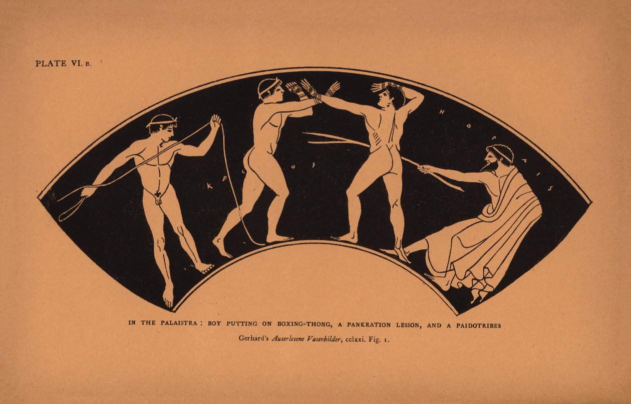Oudgrieks onderwijs: In de palaistra: Jongen trekt boksbeugel aan, een pankration-les en een paidotribes (litho) door English School