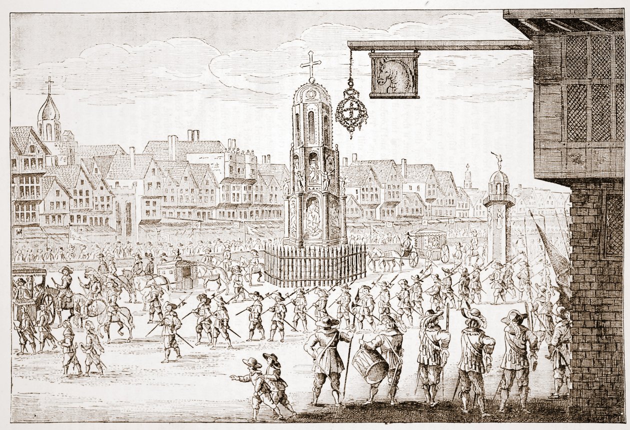 Oude weergave van Cheapside, uit La Serres Entree de la Revne Mere du Roy, met de processie van Maria de