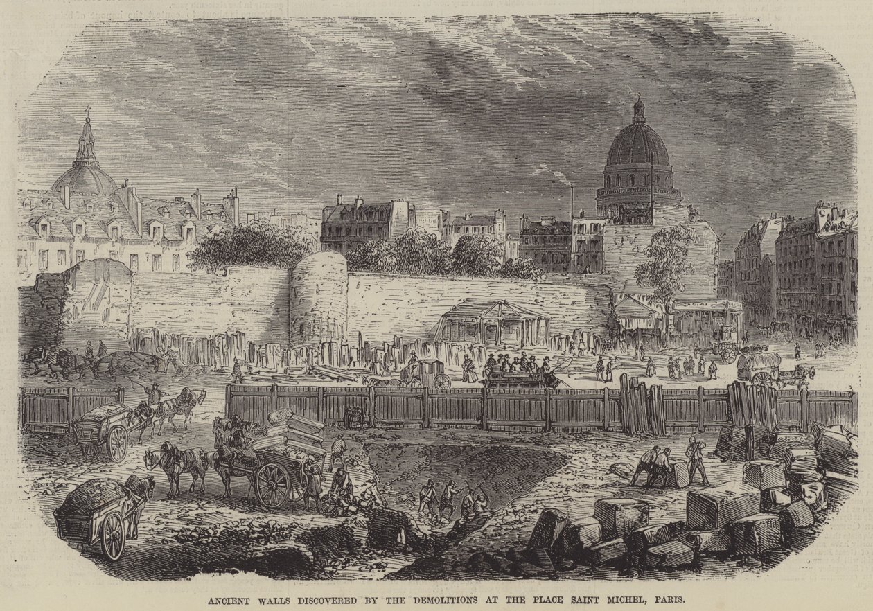 Oude muren ontdekt bij de sloop van de Place Saint Michel, Parijs (gravure) door English School