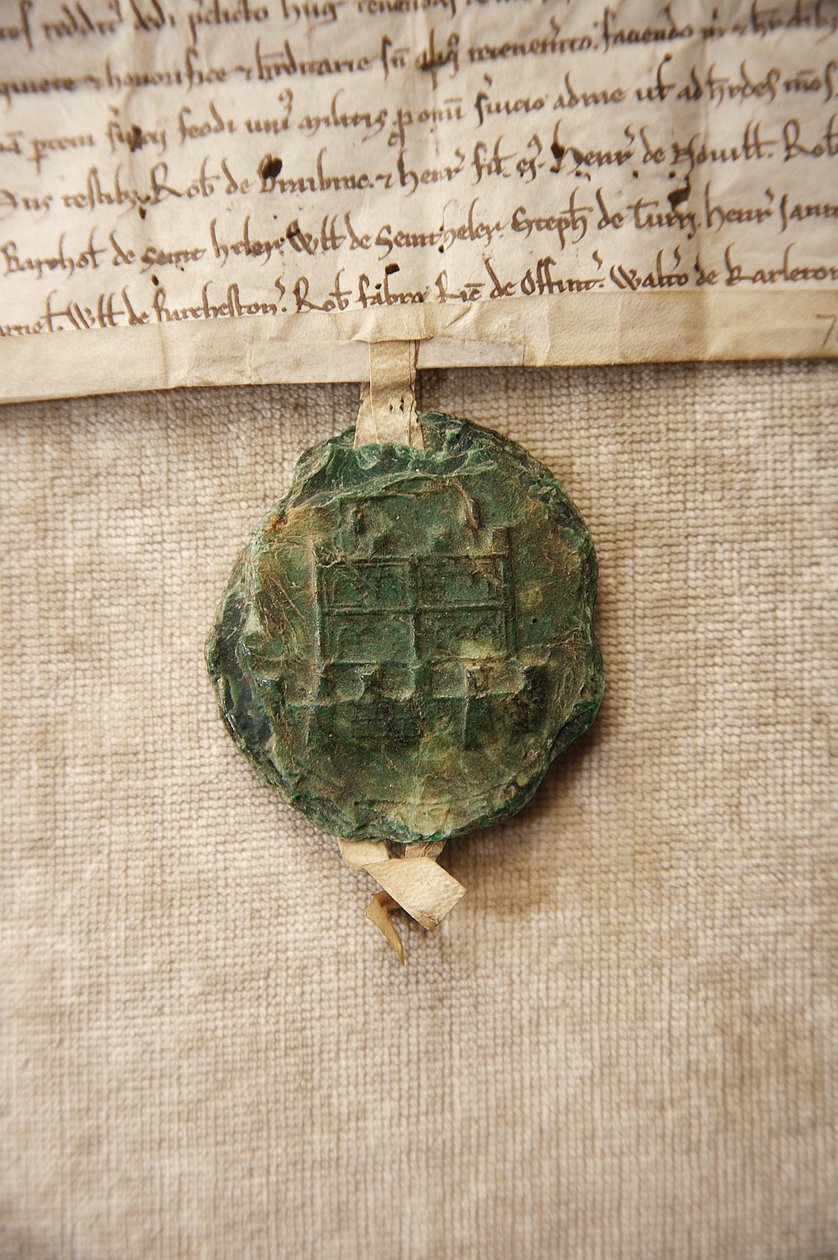 Oude zegel met een afbeelding van het oorspronkelijke kasteel, gemaakt voor William de Albini IV, ca. 1267 (papier & was) door English School