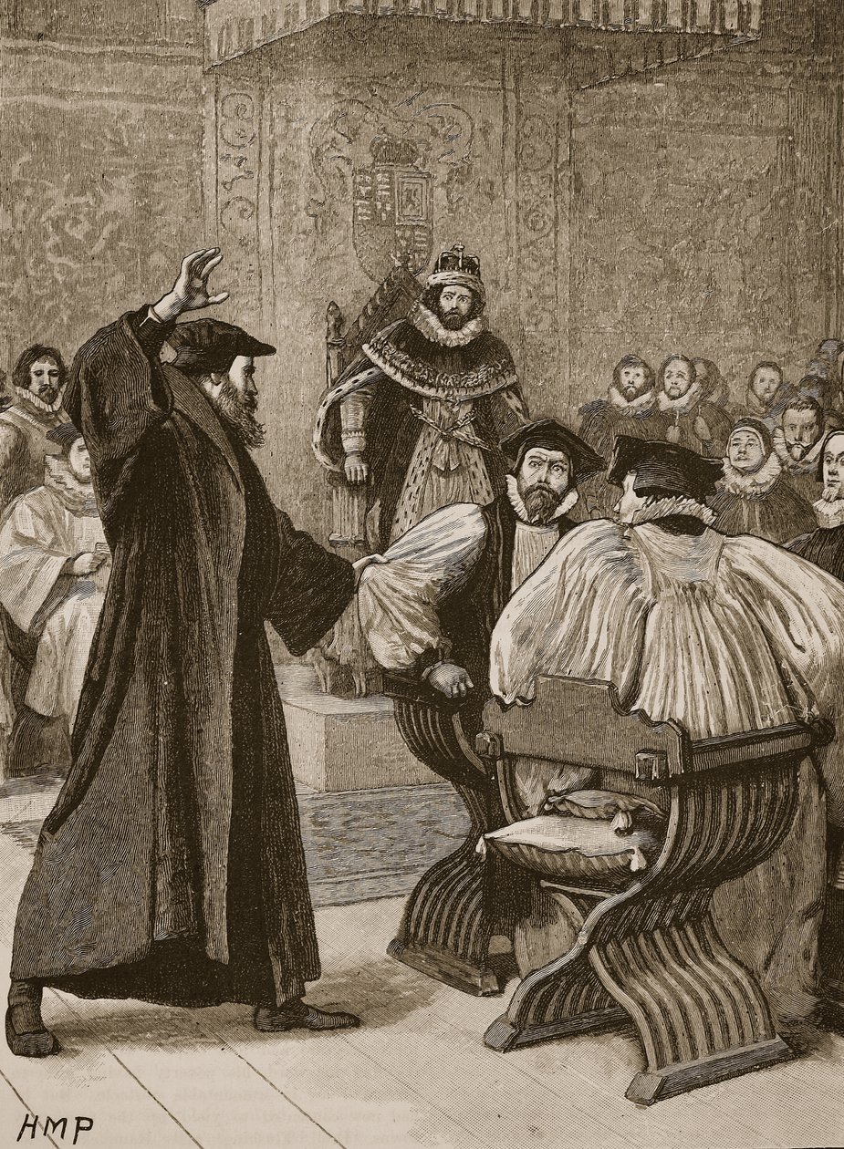 Andrew Melville voor de Schotse Privy Council, illustratie uit Cassells Geïllustreerde Geschiedenis van Engeland door English School