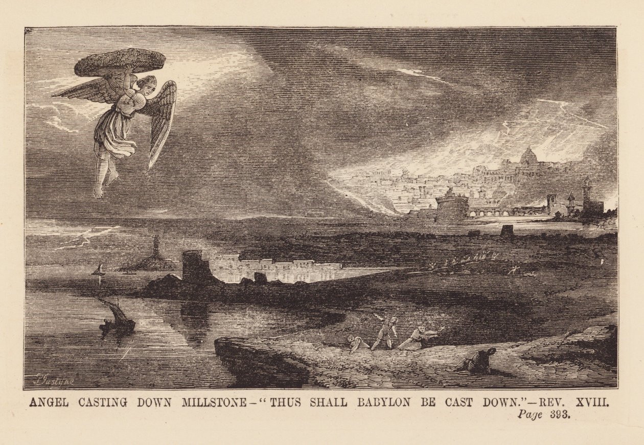 Engel die een molensteen in zee werpt (gravure) door English School