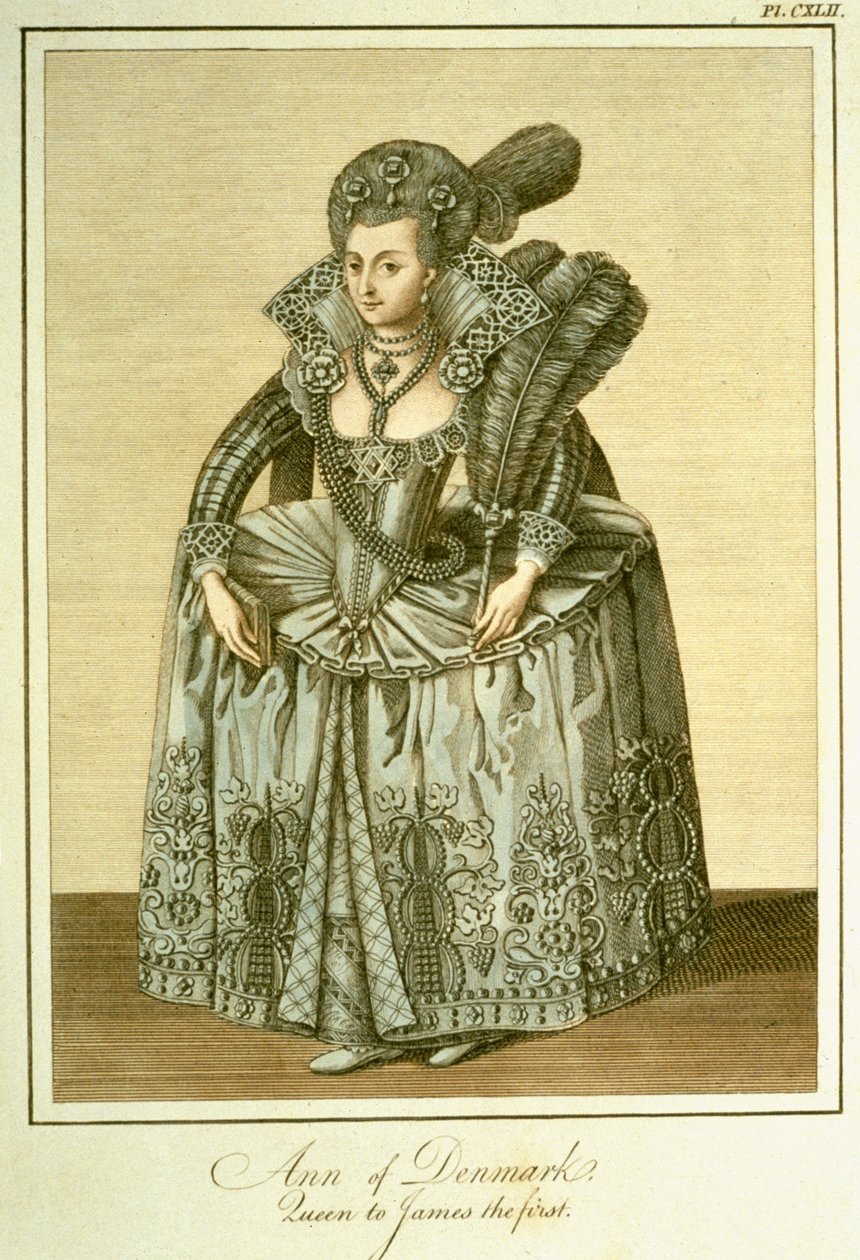Anna van Denemarken (1574-1619) vrouw van Jacobus I, illustratie uit The Complete View of the Dress and Habits of the People of England Volume II, gepubliceerd 1799 door English School