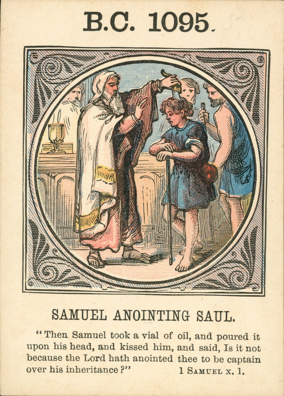 Anno Mundi: BC 1095, Samuel zalft Saul (kleurenlitho) door English School