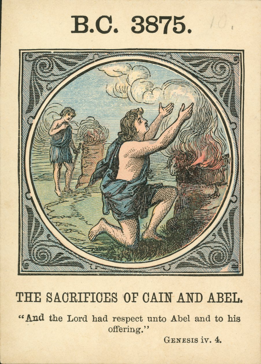 Anno Mundi: BC 3875, De offers van Kaïn en Abel (kleurenlitho) door English School