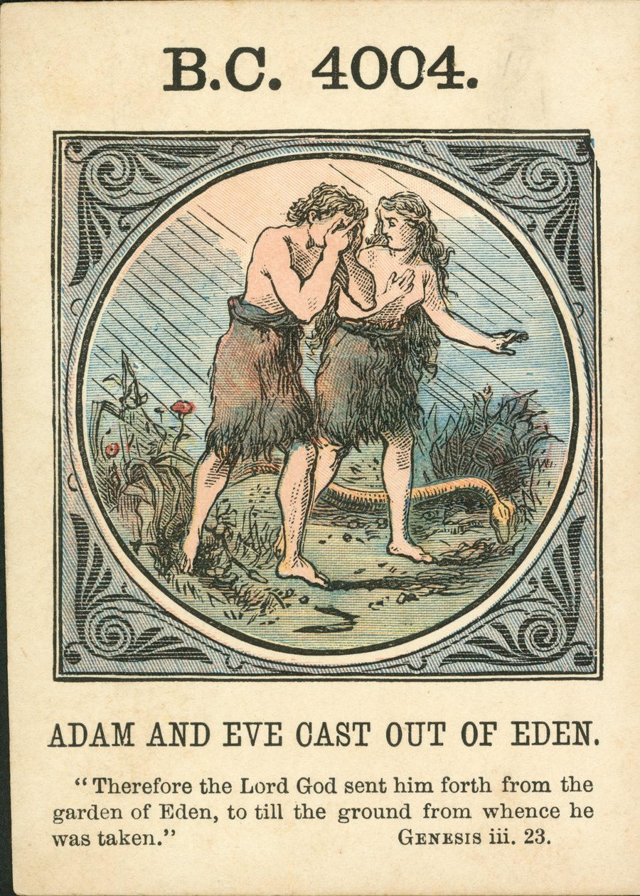 Anno Mundi: BC 4004, Adam en Eva verdreven uit Eden (kleurenlitho) door English School